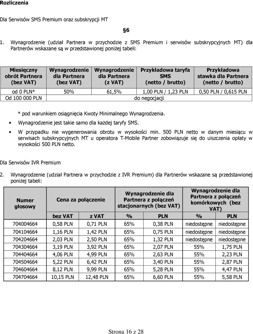 Partnera Wynagrodzenie dla Partnera (z VAT) Przykładowa taryfa SMS (netto / brutto) Przykładowa stawka dla Partnera (netto / brutto) od 0 PLN* 50% 61,5% 1,00 PLN / 1,23 PLN 0,50 PLN / 0,615 PLN Od