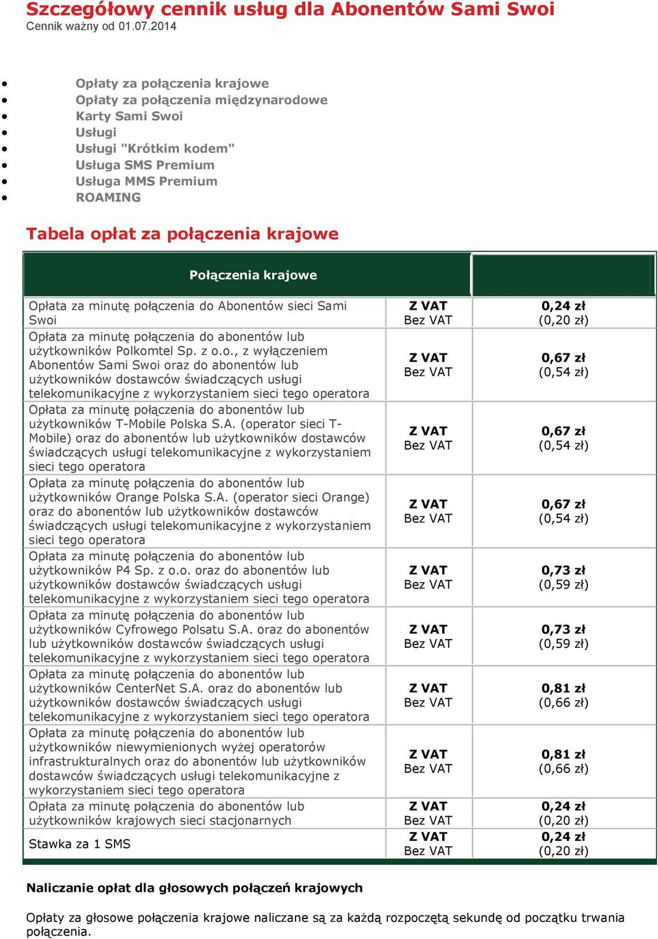 Połączenia krajowe Opłata za minutę połączenia do Abonentów sieci Sami Swoi użytkowników Polkomtel Sp. z o.o., z wyłączeniem Abonentów Sami Swoi oraz do abonentów lub użytkowników dostawców świadczących usługi telekomunikacyjne z wykorzystaniem sieci tego operatora użytkowników T-Mobile Polska S.