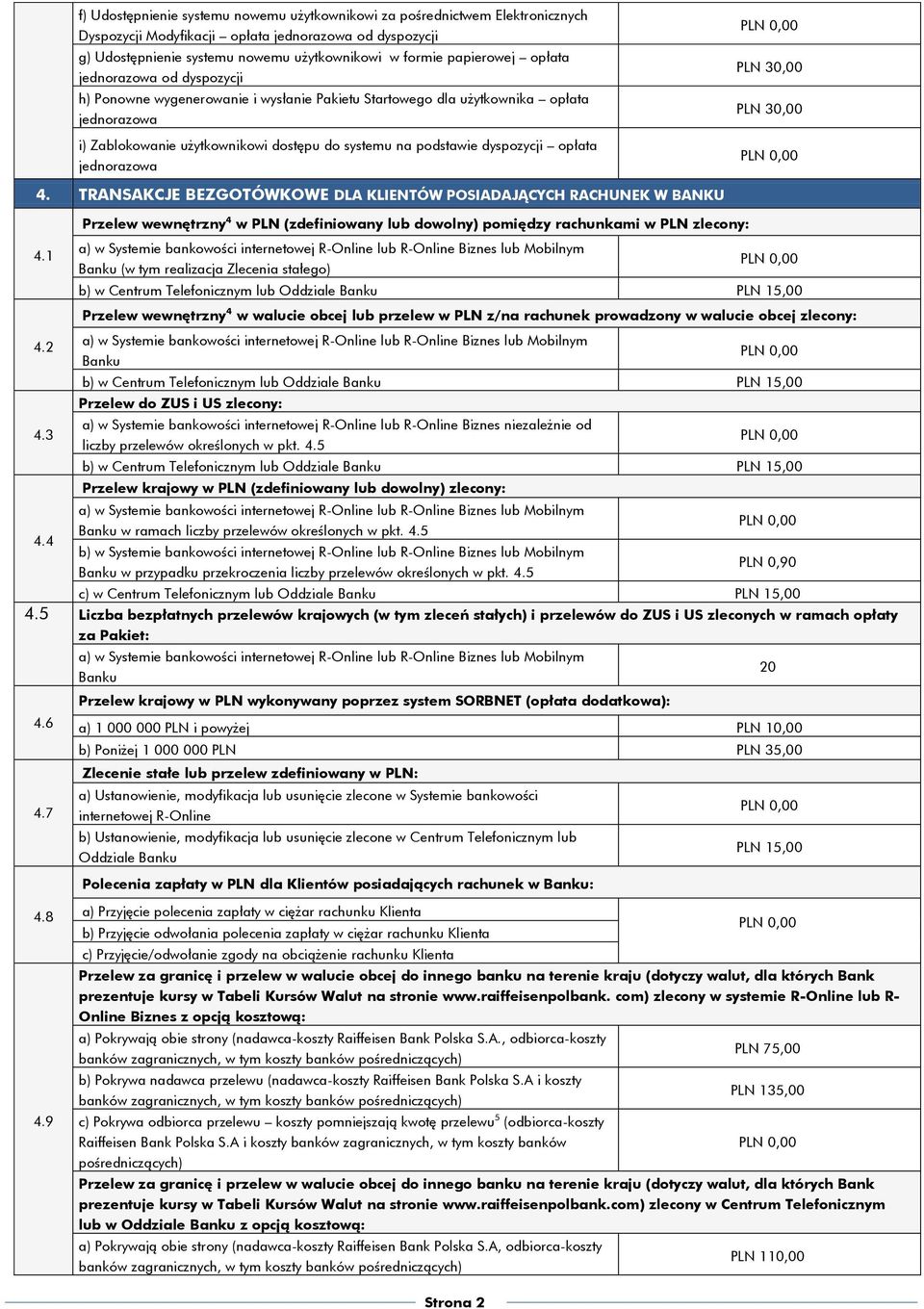 dyspozycji opłata jednorazowa 4. TRANSAKCJE BEZGOTÓWKOWE DLA KLIENTÓW POSIADAJĄCYCH RACHUNEK W BANKU Przelew wewnętrzny 4 w PLN (zdefiniowany lub dowolny) pomiędzy rachunkami w PLN zlecony: 4.