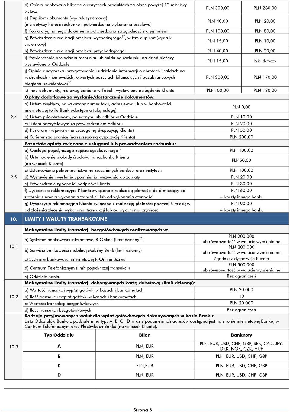 PLN 300,00 PLN 280,00 PLN 40,00 PLN 20,00 f) Kopia oryginalnego dokumentu potwierdzona za zgodność z oryginałem PLN 100,00 PLN 80,00 g) Potwierdzenie realizacji przelewu wychodzącego 17, w tym