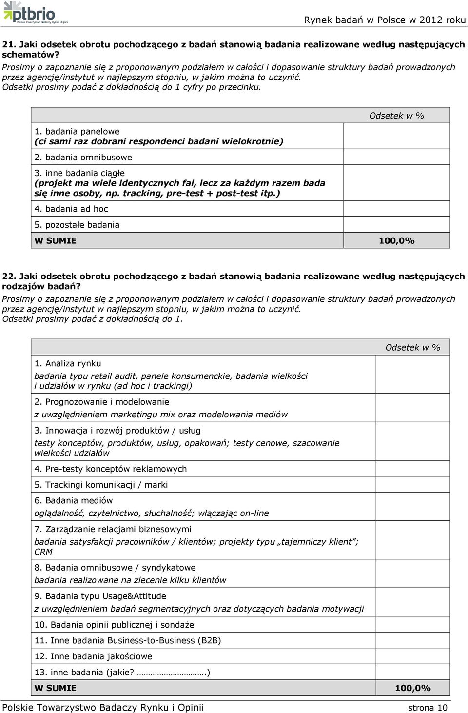 Odsetki prosimy podać z dokładnością do 1 cyfry po przecinku. 1. badania panelowe (ci sami raz dobrani respondenci badani wielokrotnie) 2. badania omnibusowe 3.