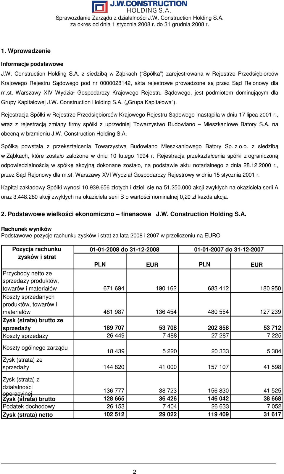 W. Construction Holding S.A. ( Grupa Kapitałowa ). Rejestracja Spółki w Rejestrze Przedsiębiorców Krajowego Rejestru Sądowego nastąpiła w dniu 17 lipca 2001 r.