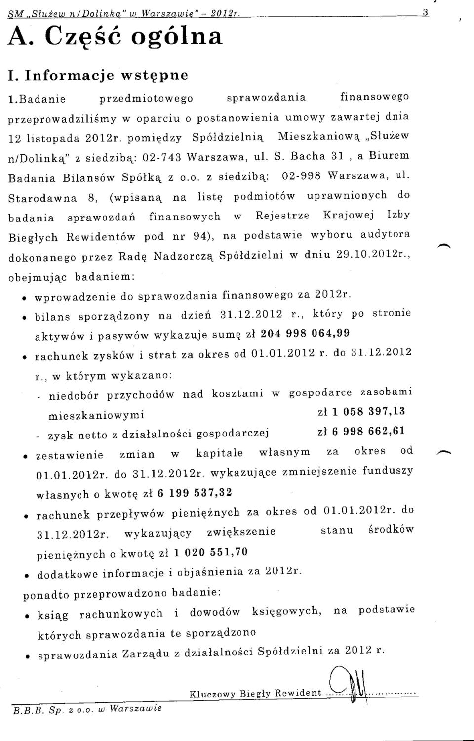 pomrqdzy Sp6ldzielniq Mieszkaniow4,,Slu2ew n/dolink4' z siedzib4: 02-7 43 Warszawa, ui. S. Bacha 31, a Biurem Badania Bilans6w Sp6lkq z o.o. z siedzib4: 02-998 Warszawa, ul' Starodawna 8, (wpisanq na