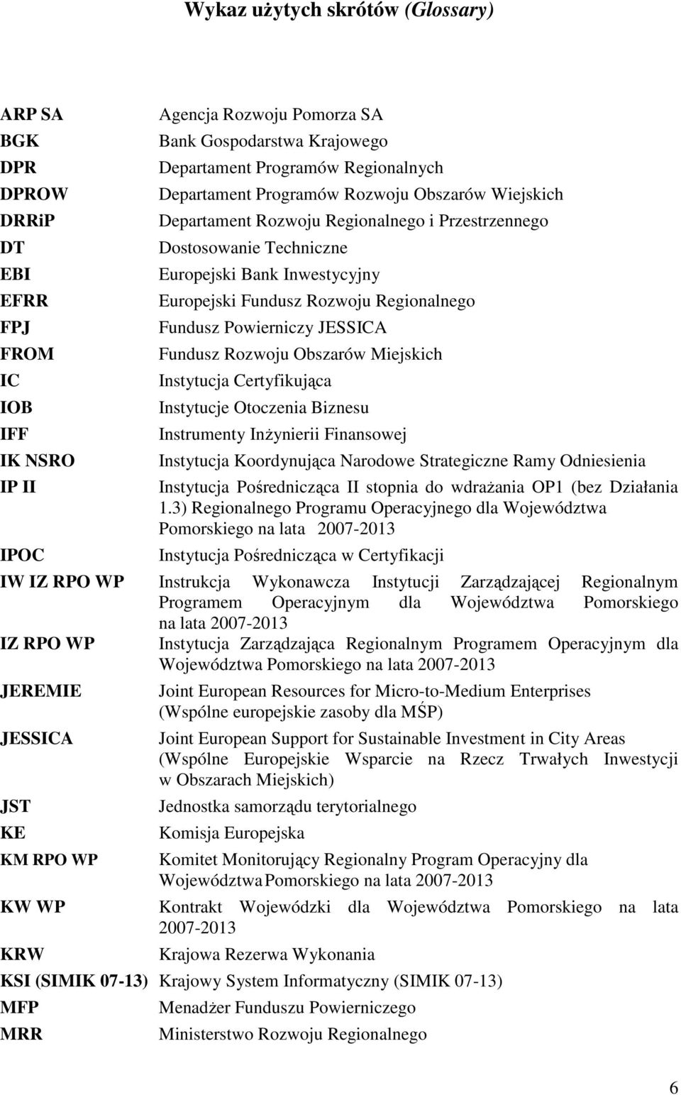 Regionalnego Fundusz Powierniczy JESSICA Fundusz Rozwoju Obszarów Miejskich Instytucja Certyfikująca Instytucje Otoczenia Biznesu Instrumenty InŜynierii Finansowej Instytucja Koordynująca Narodowe