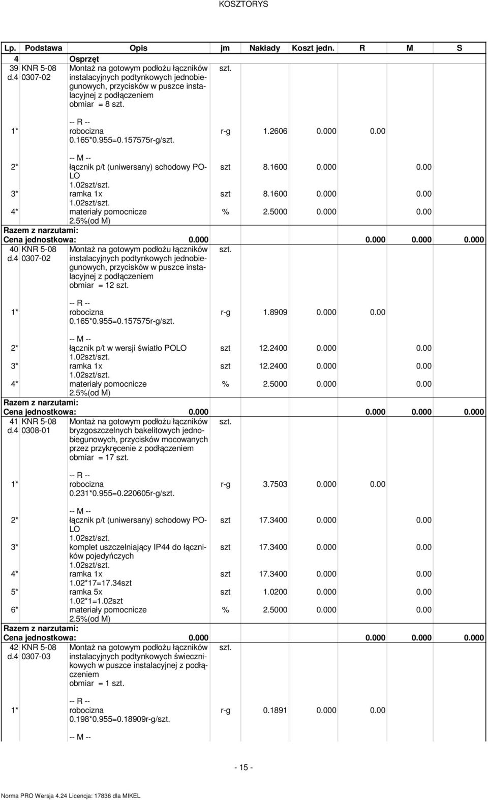 00 2* łącznik p/t (uniwersany) schodowy PO- LO 1.02szt/ 3* raka 1x 1.02szt/ 4* ateriały poocnicze szt 8.1600 0.000 0.00 szt 8.1600 0.000 0.00 40 KNR 5-08 d.