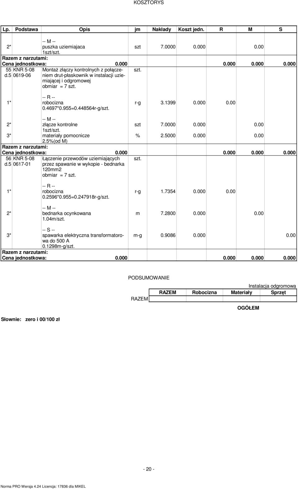 00 2* złącze kontrolne 1szt/ 3* ateriały poocnicze szt 7.0000 0.000 0.00 56 KNR 5-08 d.5 0617-01 Łączenie przewodów uzieiających przez spawanie w wykopie - bednarka 1202 obiar = 7 0.