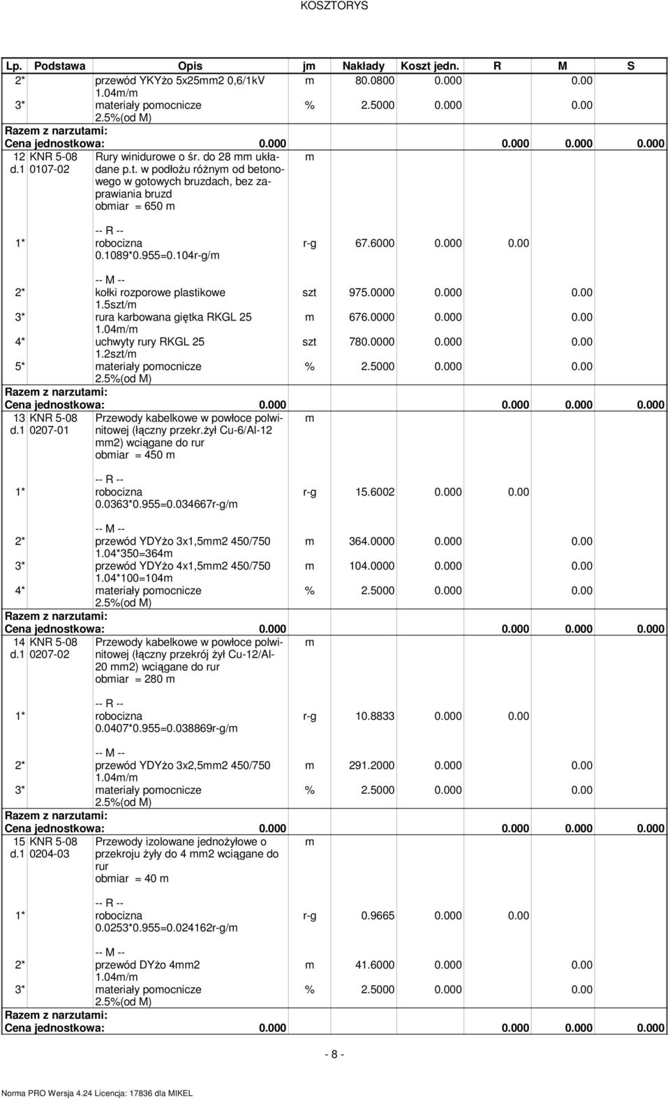 0000 0.000 0.00 szt 780.0000 0.000 0.00 13 KNR 5-08 d.1 0207-01 Przewody kabelkowe w powłoce polwinitowej (łączny przekr.ŝył Cu-6/Al-12 2) wciągane do rur obiar = 450 0.0363*0.955=0.034667r-g/ r-g 15.