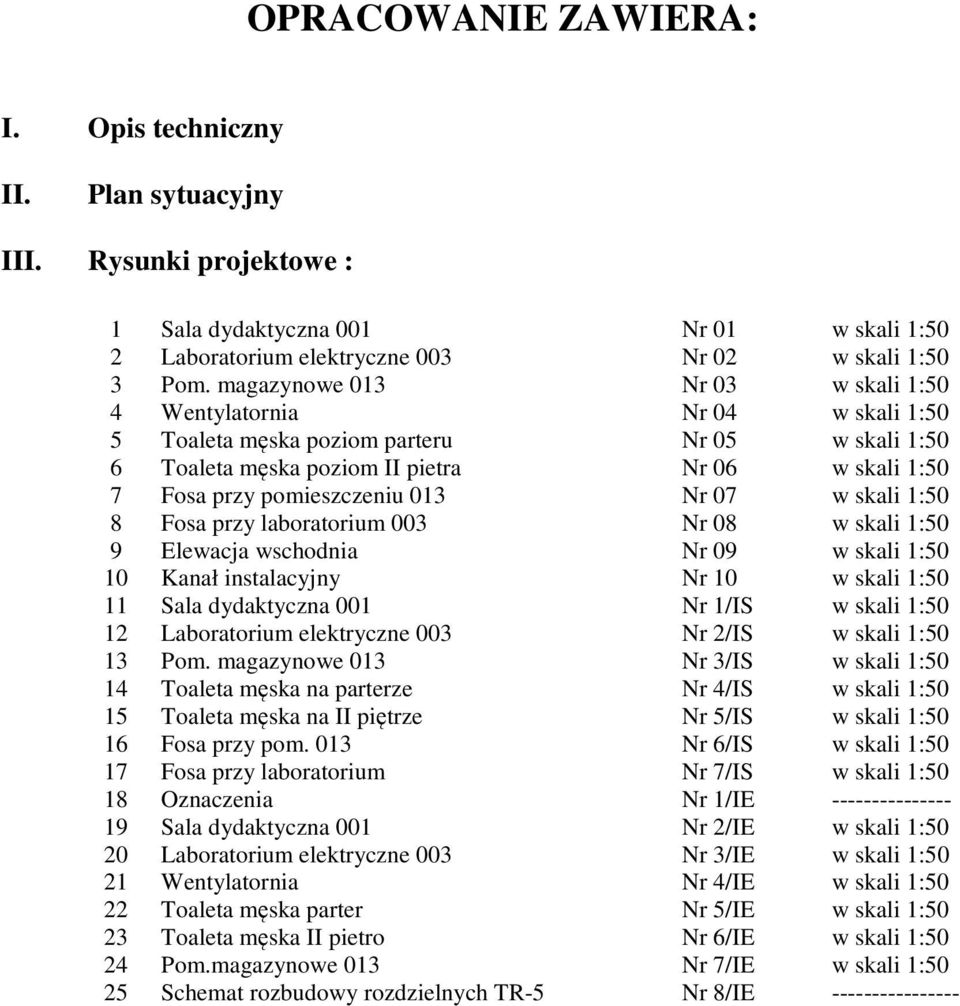 013 Nr 07 w skali 1:50 8 Fosa przy laboratorium 003 Nr 08 w skali 1:50 9 Elewacja wschodnia Nr 09 w skali 1:50 10 Kanał instalacyjny Nr 10 w skali 1:50 11 Sala dydaktyczna 001 Nr 1/IS w skali 1:50 12