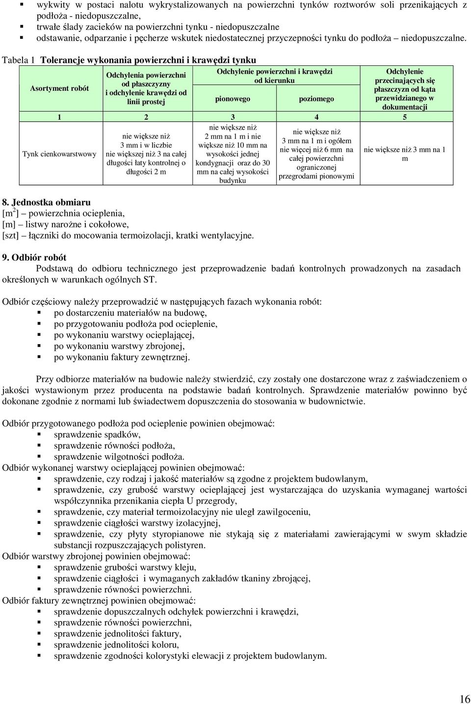 Tabela 1 Tolerancje wykonania powierzchni i krawędzi tynku Asortyment robót Odchylenia powierzchni od płaszczyzny i odchylenie krawędzi od Odchylenie powierzchni i krawędzi od kierunku linii prostej