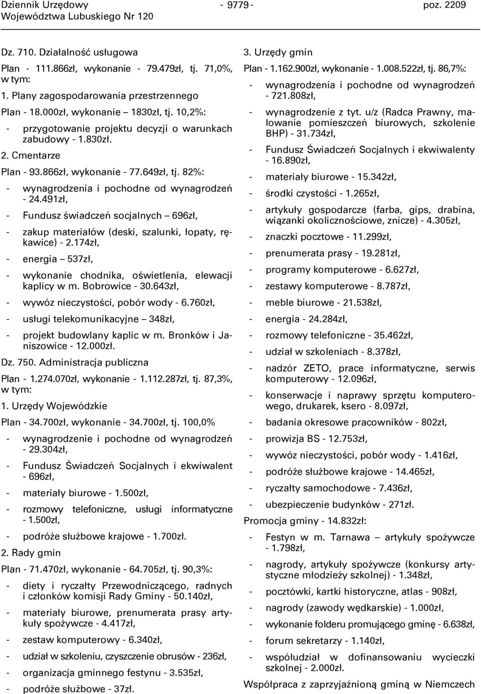 491zł, - Fundusz świadczeń socjalnych 696zł, - zakup materiałów (deski, szalunki, łopaty, rękawice) - 2.174zł, - energia 537zł, - wykonanie chodnika, oświetlenia, elewacji kaplicy w m. Bobrowice - 30.