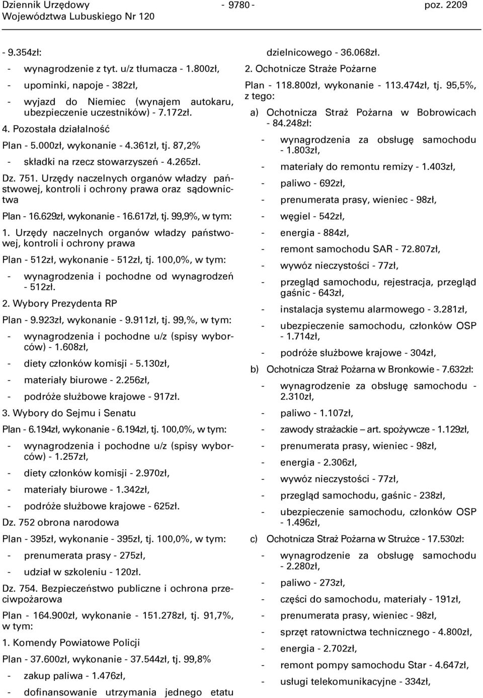 Urzędy naczelnych organów władzy państwowej, kontroli i ochrony prawa oraz sądownictwa Plan - 16.629zł, wykonanie - 16.617zł, tj. 99,9%, 1.