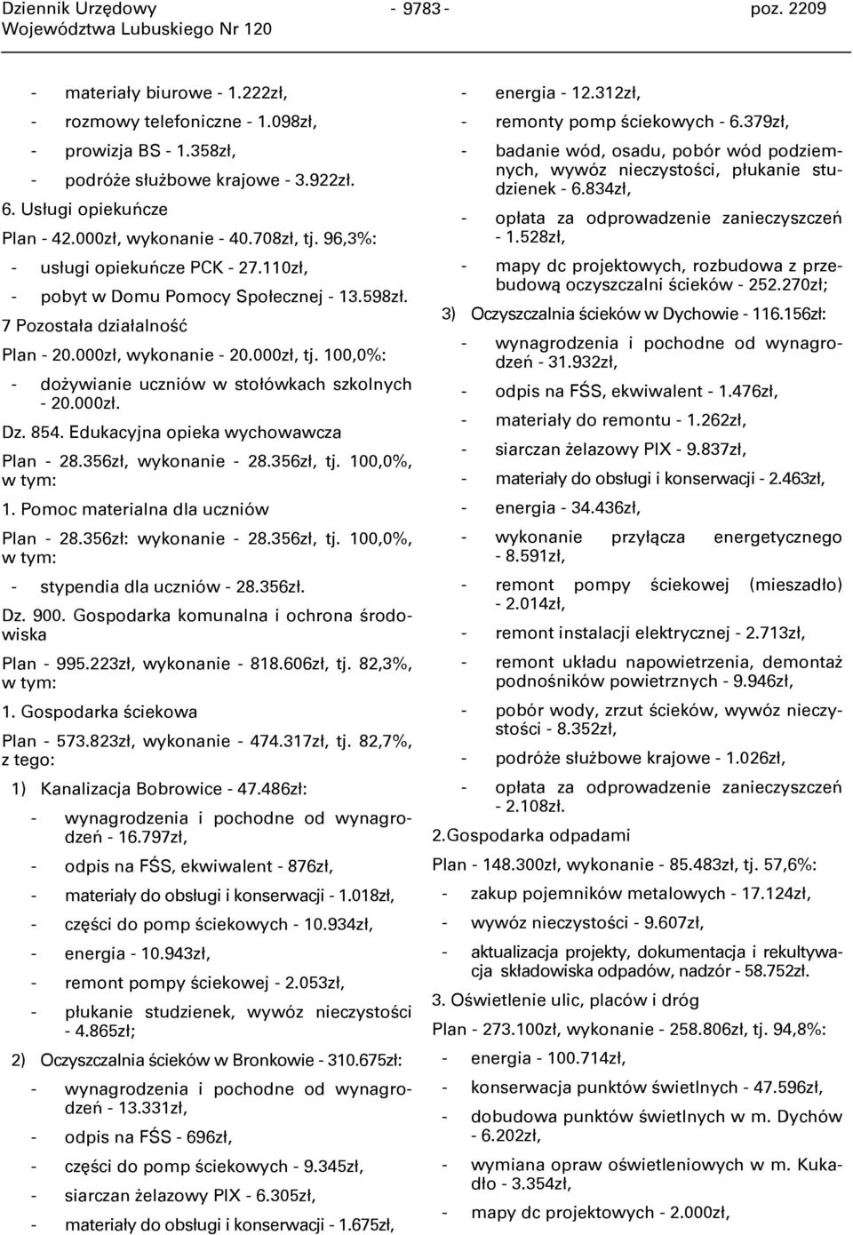 100,0%: - dożywianie uczniów w stołówkach szkolnych - 20.000zł. Dz. 854. Edukacyjna opieka wychowawcza Plan - 28.356zł, wykonanie - 28.356zł, tj. 100,0%, 1. Pomoc materialna dla uczniów Plan - 28.