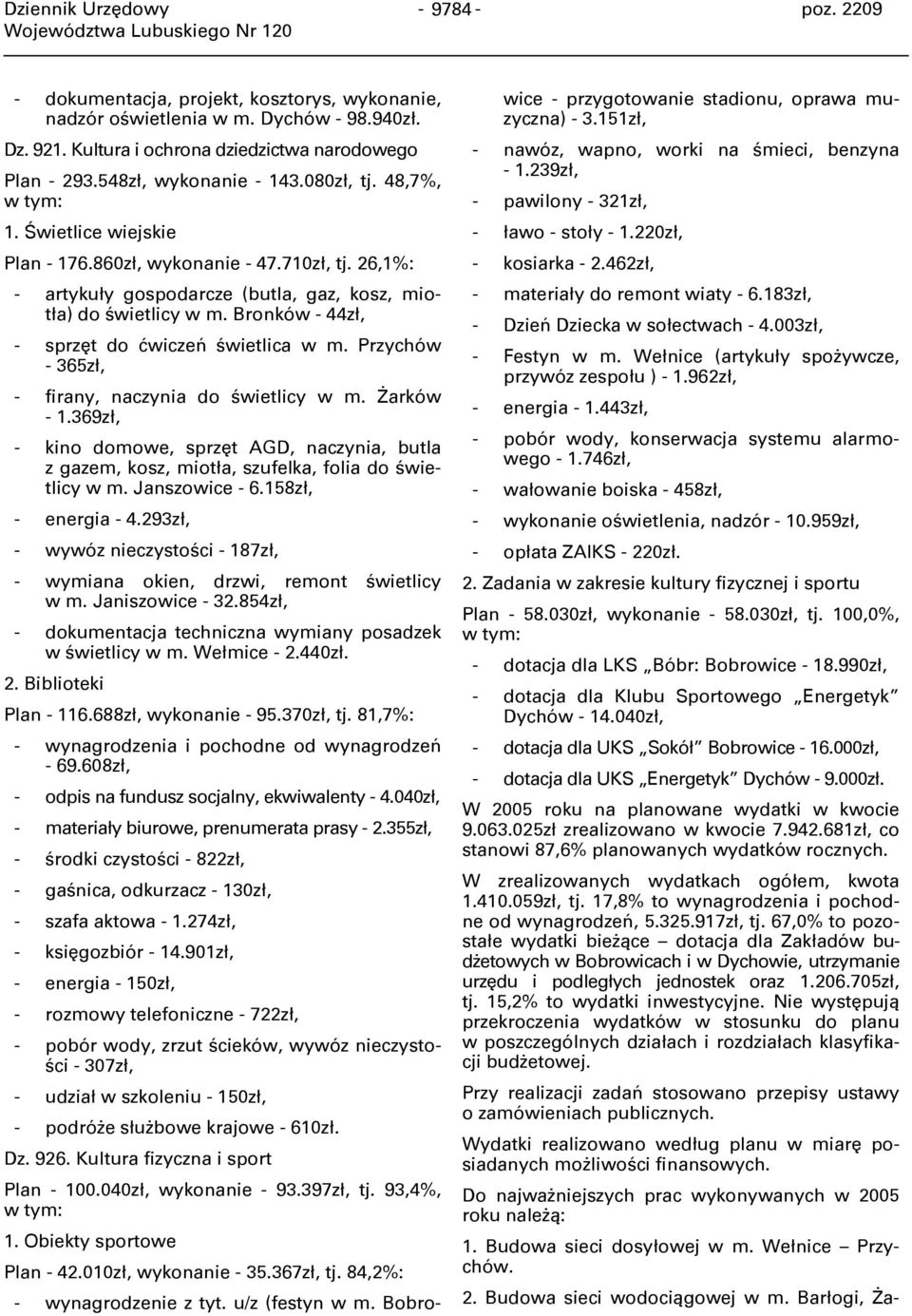 Bronków - 44zł, - sprzęt do ćwiczeń świetlica w m. Przychów - 365zł, - firany, naczynia do świetlicy w m. Żarków - 1.