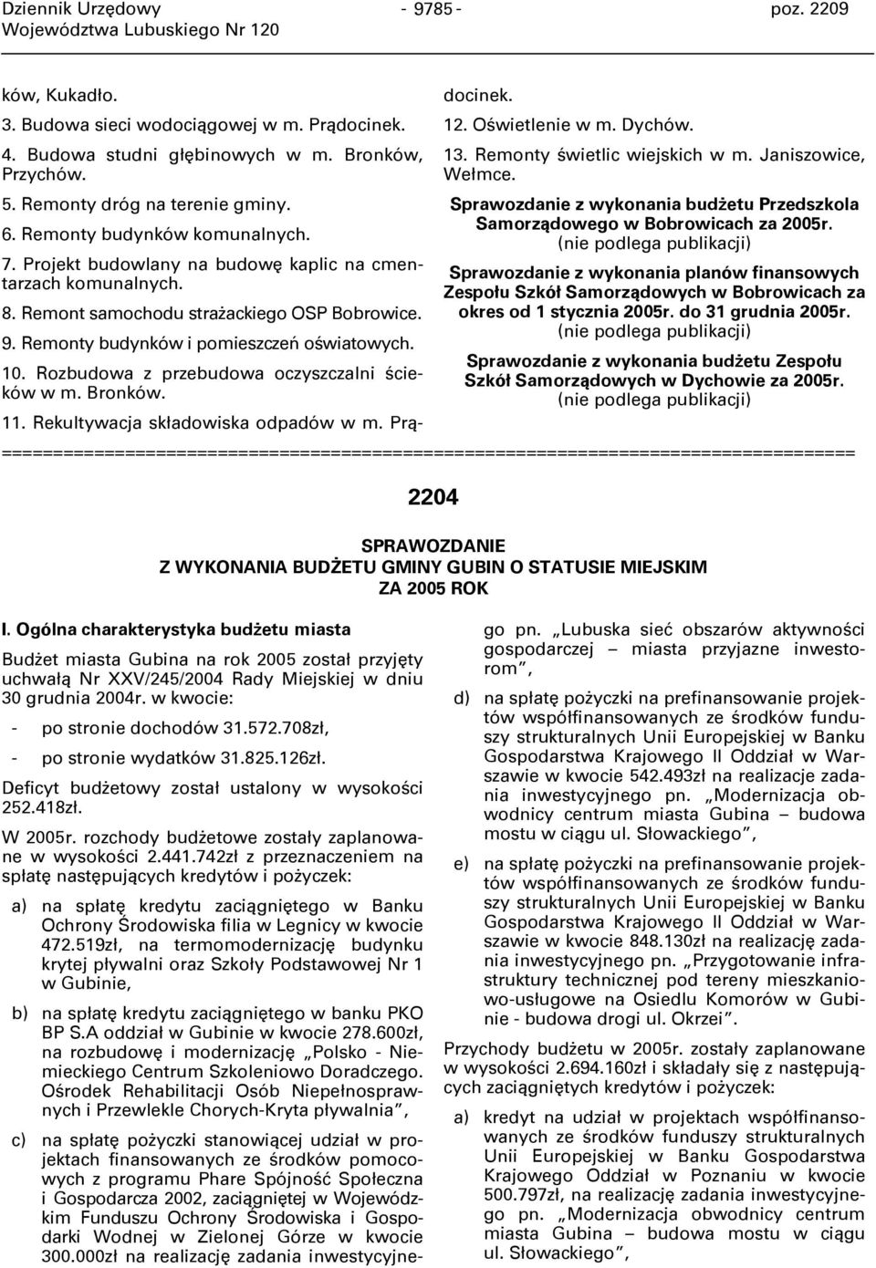 Rozbudowa z przebudowa oczyszczalni ścieków w m. Bronków. 11. Rekultywacja składowiska odpadów w m. Prądocinek. 12. Oświetlenie w m. Dychów. 13. Remonty świetlic wiejskich w m. Janiszowice, Wełmce.