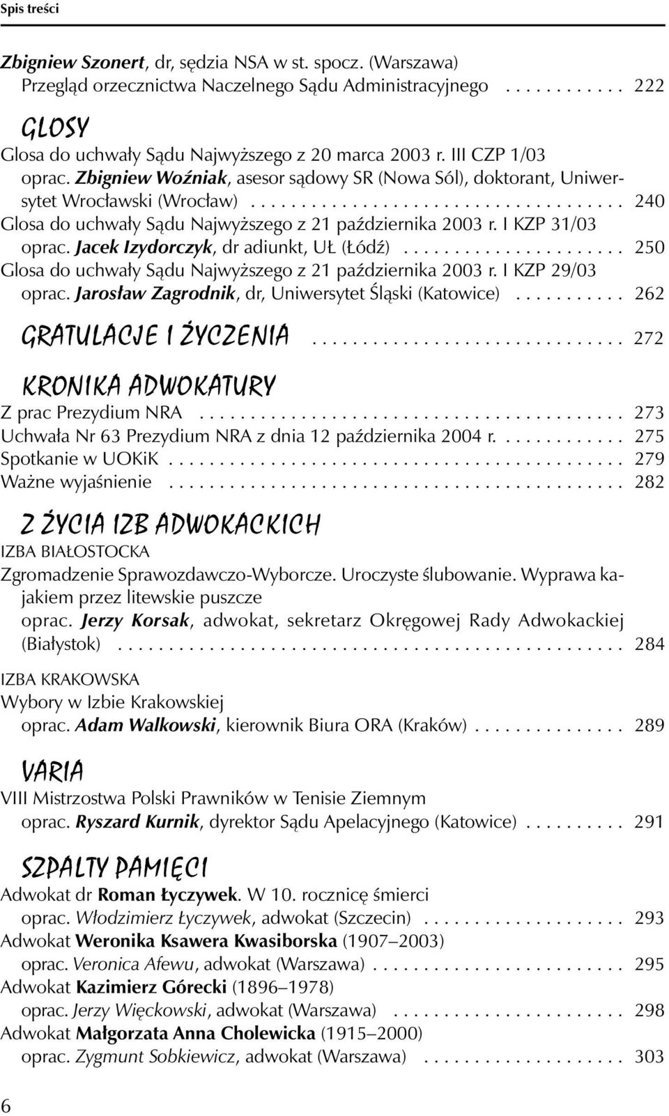 I KZP 31/03 oprac. Jacek Izydorczyk, dr adiunkt, UŁ (Łódź)...................... 250 Glosa do uchwały Sądu Najwyższego z 21 października 2003 r. I KZP 29/03 oprac.