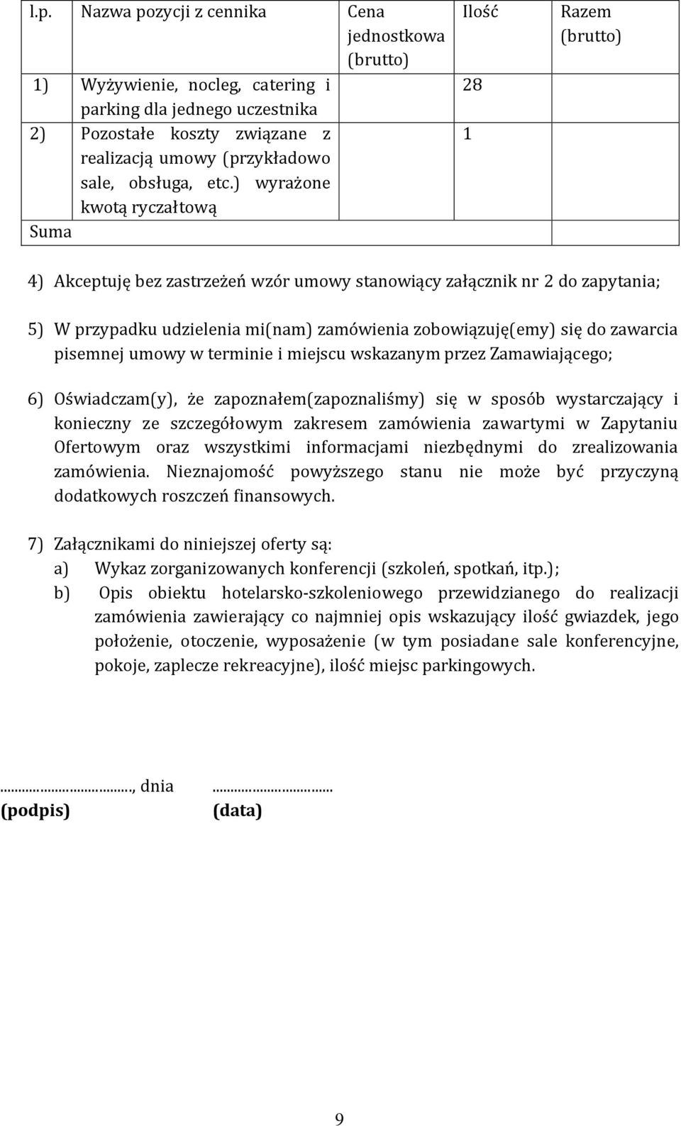 się do zawarcia pisemnej umowy w terminie i miejscu wskazanym przez Zamawiającego; 6) Oświadczam(y), że zapoznałem(zapoznaliśmy) się w sposób wystarczający i konieczny ze szczegółowym zakresem