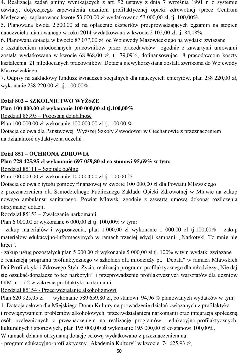 000,00 zł wydatkowano 53 000,00 zł, tj. 100,00%. 5. Planowana kwota 2 500,00 zł na opłacenie ekspertów przeprowadzających egzamin na stopień nauczyciela mianowanego w roku 2014 wydatkowana w kwocie 2 102,00 zł.