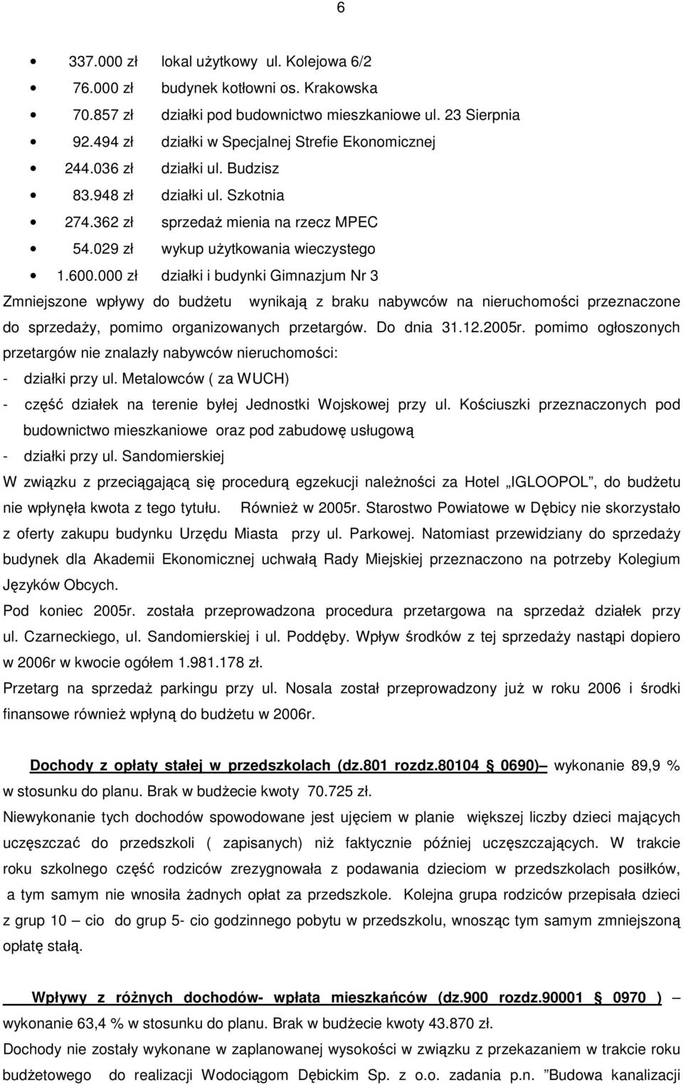 000 zł działki i budynki Gimnazjum Nr 3 Zmniejszone wpływy do budŝetu wynikają z braku nabywców na nieruchomości przeznaczone do sprzedaŝy, pomimo organizowanych przetargów. Do dnia 31.12.2005r.