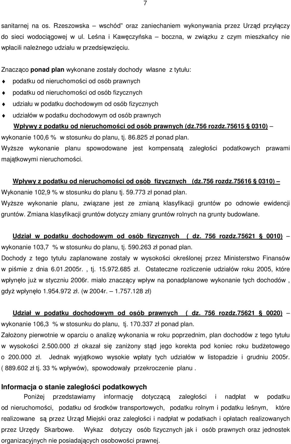 Znacząco ponad plan wykonane zostały dochody własne z tytułu: podatku od nieruchomości od osób prawnych podatku od nieruchomości od osób fizycznych udziału w podatku dochodowym od osób fizycznych