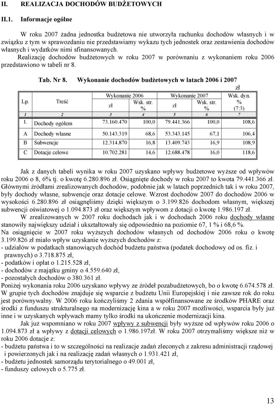 jednostek oraz zestawienia dochodów własnych i wydatków nimi sfinansowanych. Realizację dochodów budżetowych w roku 2007 w porównaniu z wykonaniem roku 2006 przedstawiono w tabeli nr 8. Tab. Nr 8.