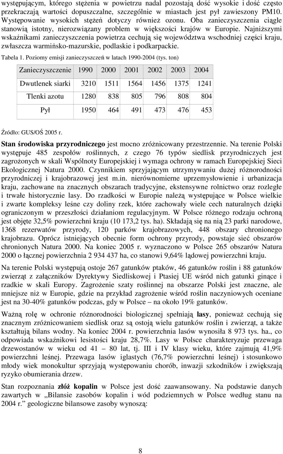 NajniŜszymi wskaźnikami zanieczyszczenia powietrza cechują się województwa wschodniej części kraju, zwłaszcza warmińsko-mazurskie, podlaskie i podkarpackie. Tabela 1.