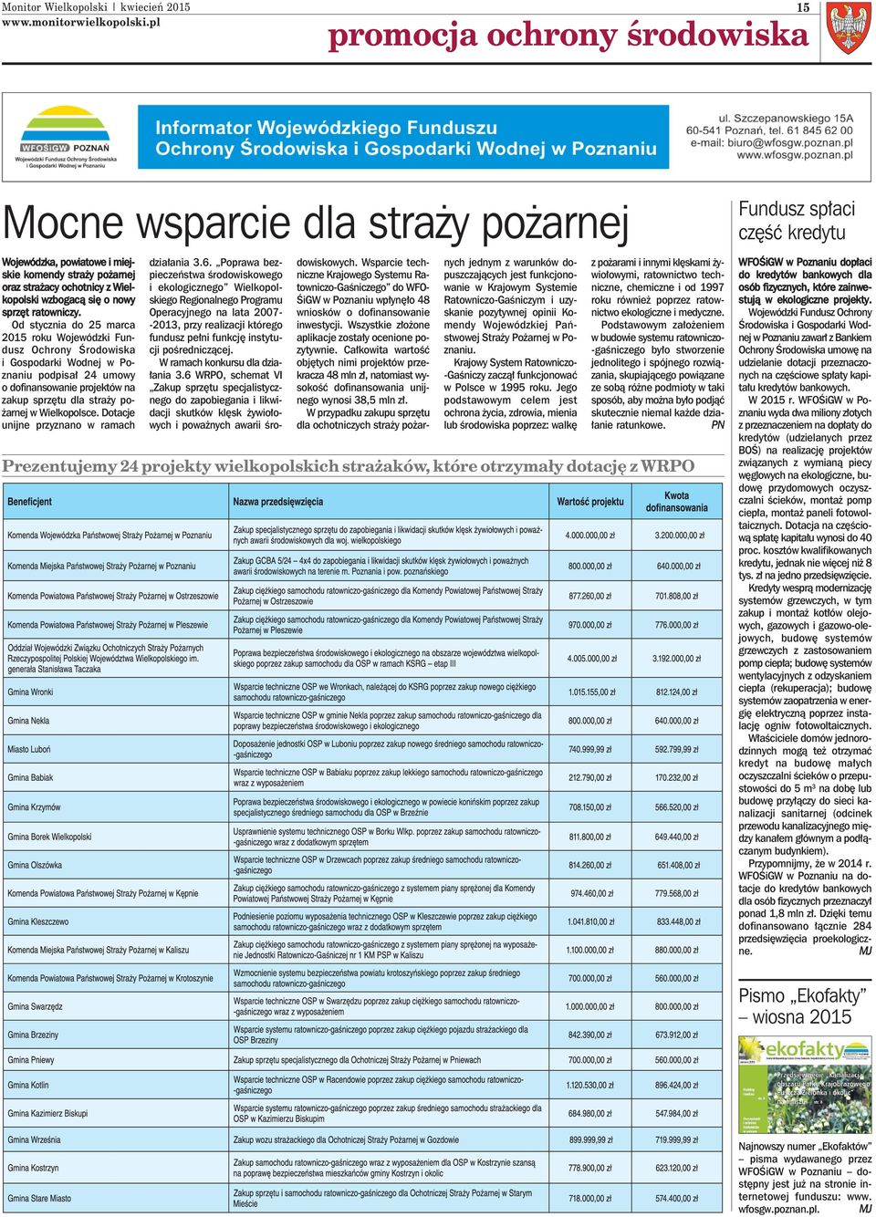 Od stycznia do 25 marca 2015 roku Wojewódzki Fundusz Ochrony Środowiska i Gospodarki Wodnej w Poznaniu podpisał 24 umowy o dofinansowanie projektów na zakup sprzętu dla straży pożarnej w Wielkopolsce.