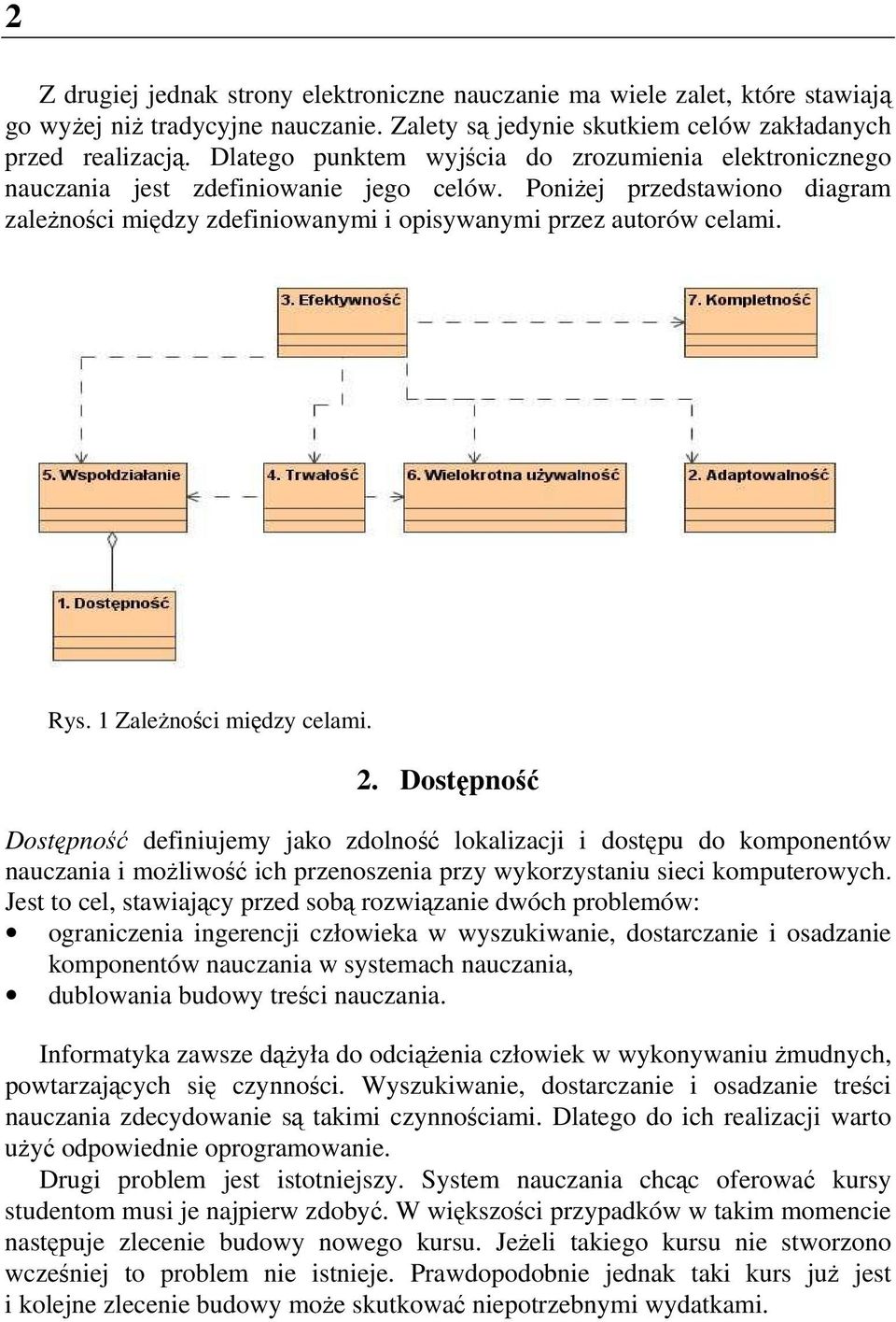 1 Zależności między celami. 2. Dostępność Dostępność definiujemy jako zdolność lokalizacji i dostępu do komponentów nauczania i możliwość ich przenoszenia przy wykorzystaniu sieci komputerowych.