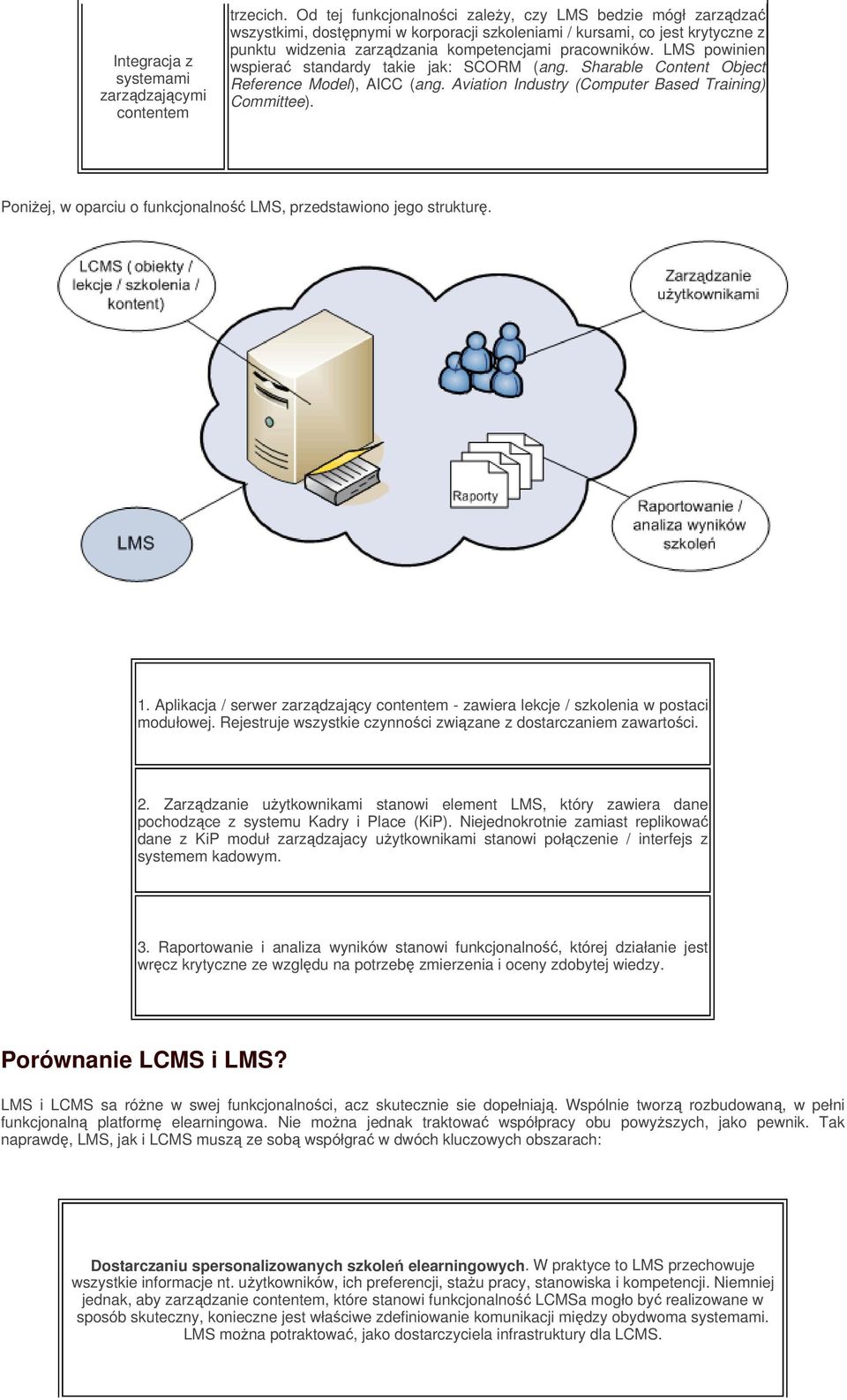 LMS powinien wspiera standardy takie jak: SCORM (ang. Sharable Content Object Reference Model), AICC (ang. Aviation Industry (Computer Based Training) Committee).