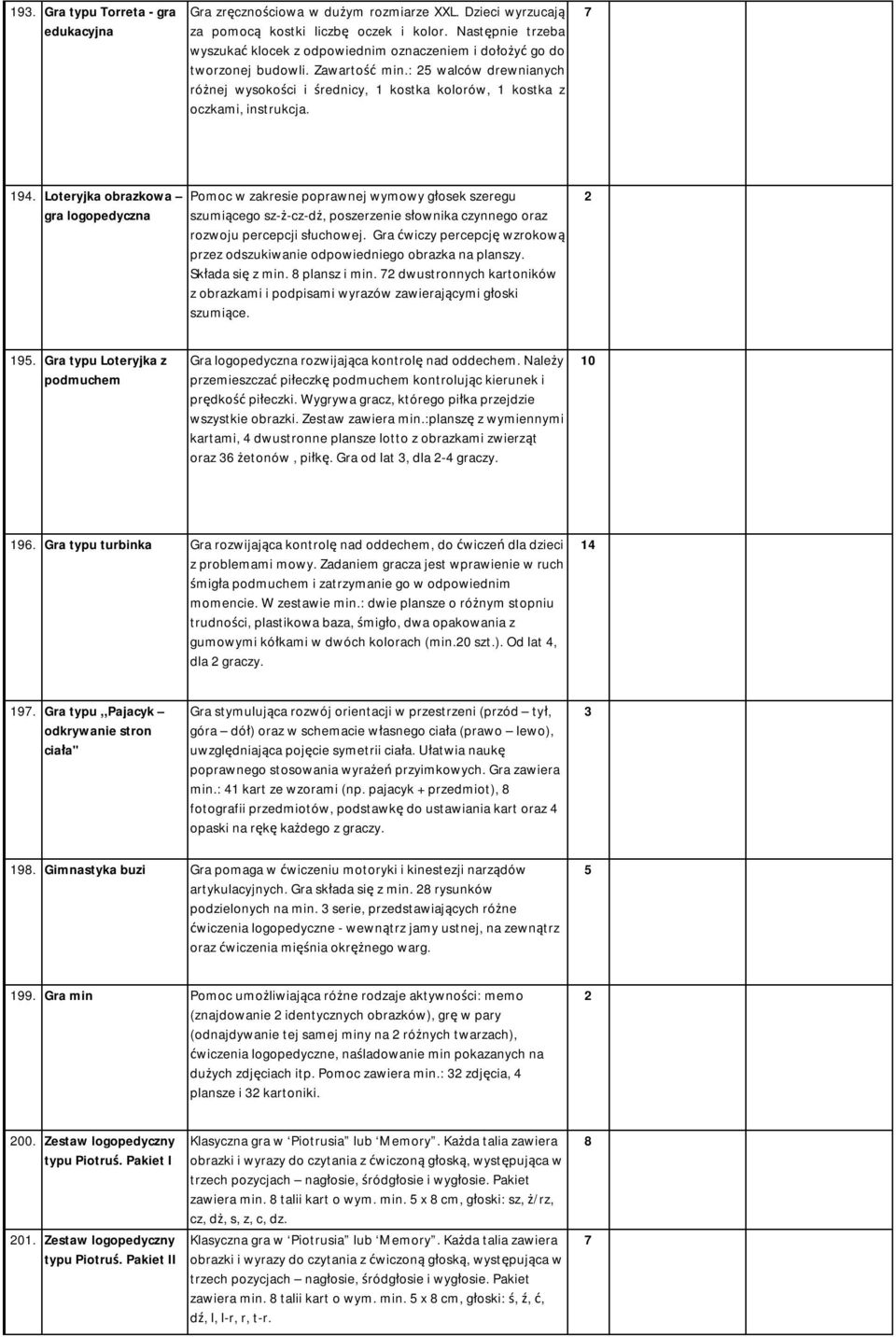 : 5 walców drewnianych różnej wysokości iśrednicy, 1 kostka kolorów, 1 kostka z oczkami, instrukcja. 14.