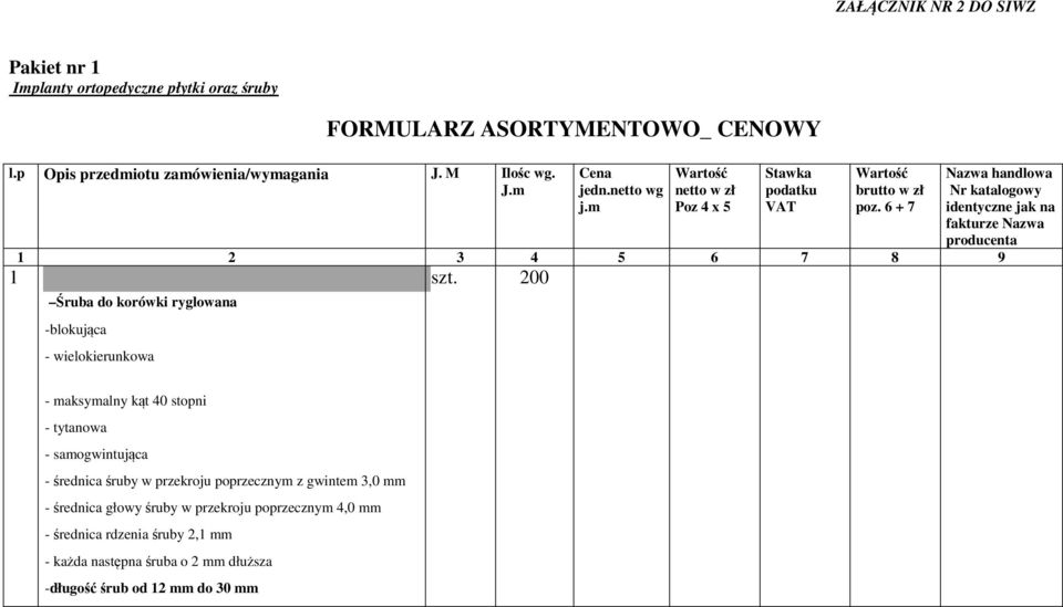 6 + 7 Nazwa handlowa Nr katalogowy identyczne jak na fakturze Nazwa producenta 1 2 3 4 5 6 7 8 9 Śruba do korówki ryglowana -blokująca - wielokierunkowa 00 -