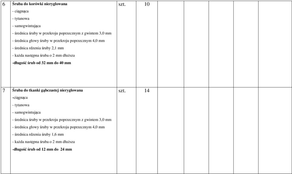10 7 Śruba do tkanki gąbczastej nieryglowana -ciągnąca - samogwintująca - średnica śruby w przekroju poprzecznym z gwintem 3,0 mm - średnica