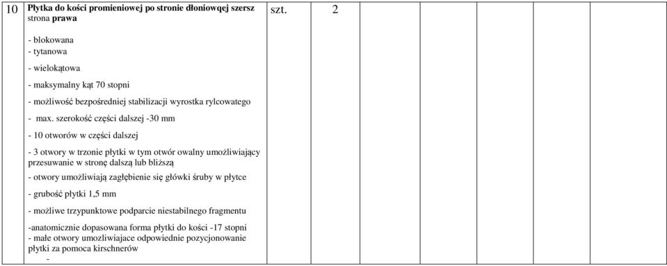 szerokość części dalszej -30 mm - 10 otworów w części dalszej - 3 otwory w trzonie płytki w tym otwór owalny umożliwiający