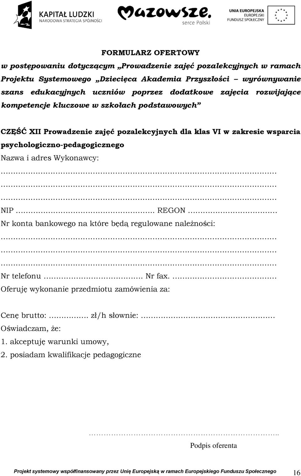 klas VI w zakresie