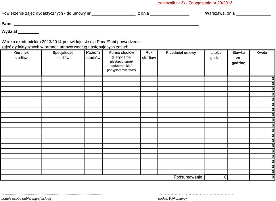 Kierunek Specjalność Poziom Forma studiów Rok Przedmiot umowy Liczba Stawka Kwota studiów studiów studiów (stacjonarne/