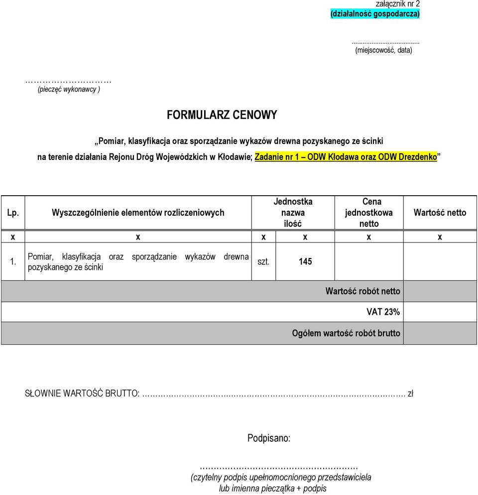 Dróg Wojewódzkich w Kłodawie; Zadanie nr 1 ODW Kłodawa oraz ODW Drezdenko Lp.