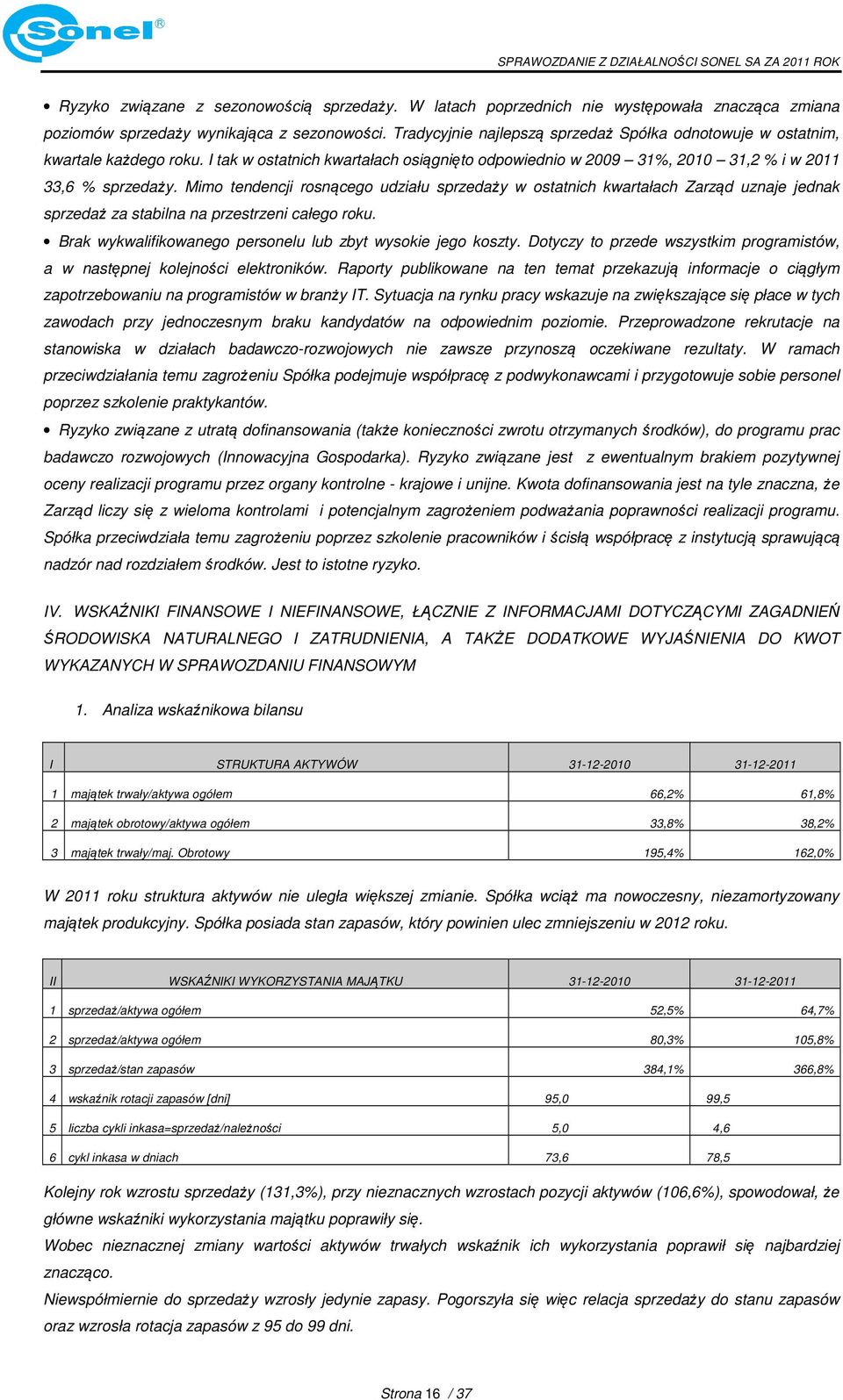 Mimo tendencji rosnącego udziału sprzedaży w ostatnich kwartałach Zarząd uznaje jednak sprzedaż za stabilna na przestrzeni całego roku. Brak wykwalifikowanego personelu lub zbyt wysokie jego koszty.