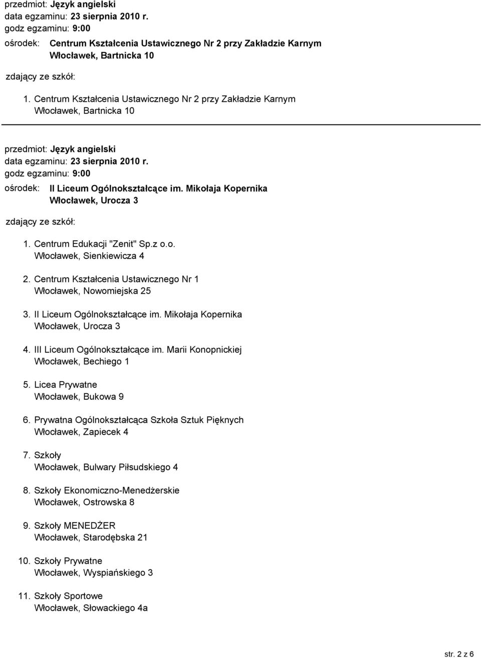 z o.o. Włocławek, Sienkiewicza 4 2. Centrum Kształcenia Ustawicznego Nr 1 3. II Liceum Ogólnokształcące im. Mikołaja Kopernika Włocławek, Urocza 3 4. III Liceum Ogólnokształcące im.