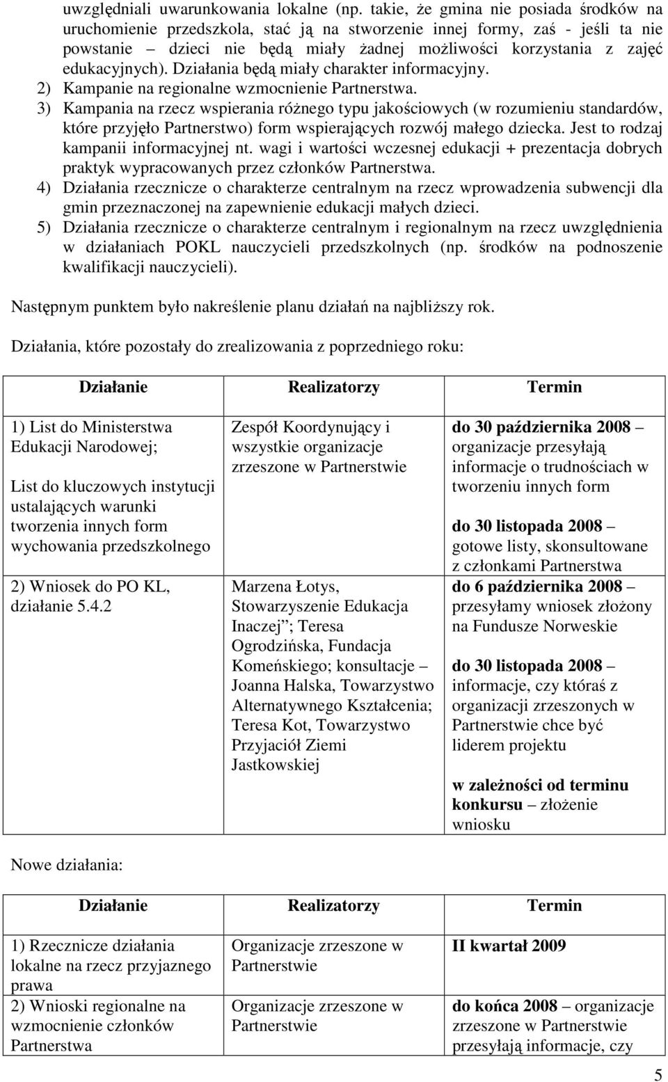 edukacyjnych). Działania będą miały charakter informacyjny. 2) Kampanie na regionalne wzmocnienie Partnerstwa.