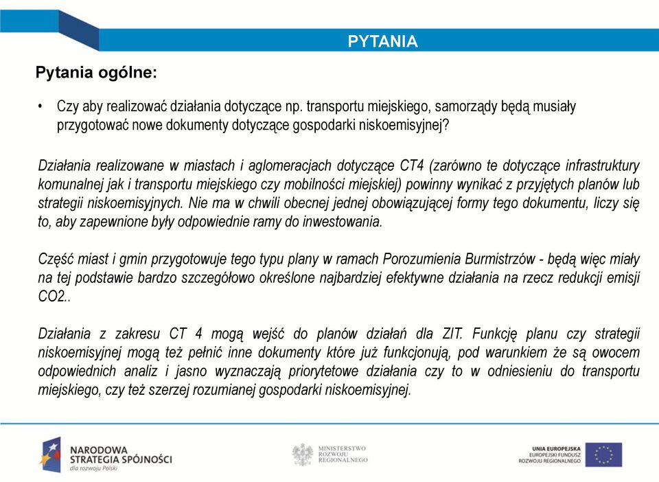 planów lub strategii niskoemisyjnych. Nie ma w chwili obecnej jednej obowiązującej formy tego dokumentu, liczy się to, aby zapewnione były odpowiednie ramy do inwestowania.