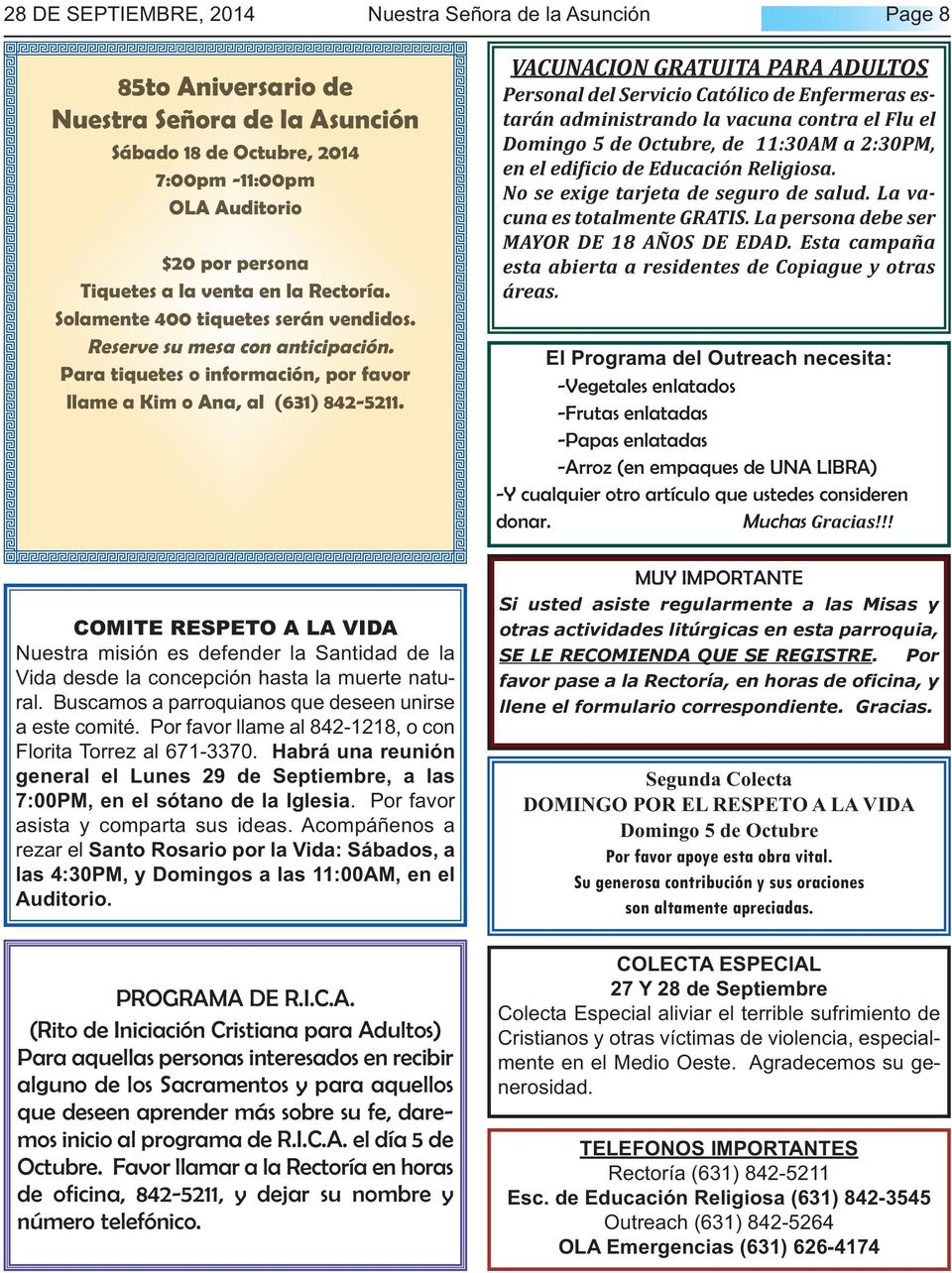 COMITE RESPETO A LA VIDA Nuestra misión es defender la Santidad de la Vida desde la concepción hasta la muerte natural. Buscamos a parroquianos que deseen unirse a este comité.