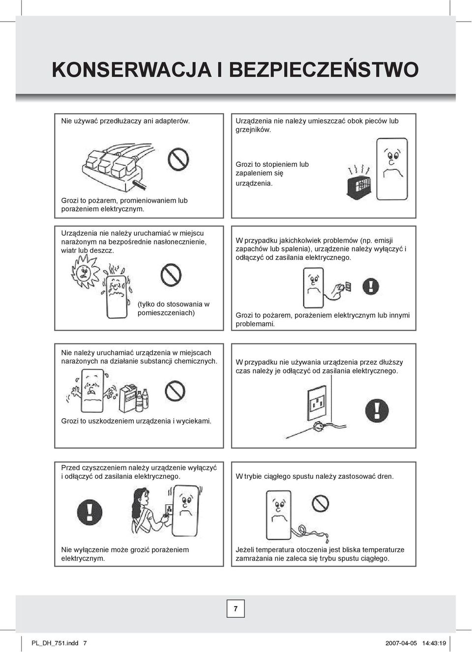 emisji zapachów lub spalenia), urzdzenie naley wyczy i odczy od zasilania elektrycznego. (tylko do stosowania w pomieszczeniach) Grozi to poarem, poraeniem elektrycznym lub innymi problemami.