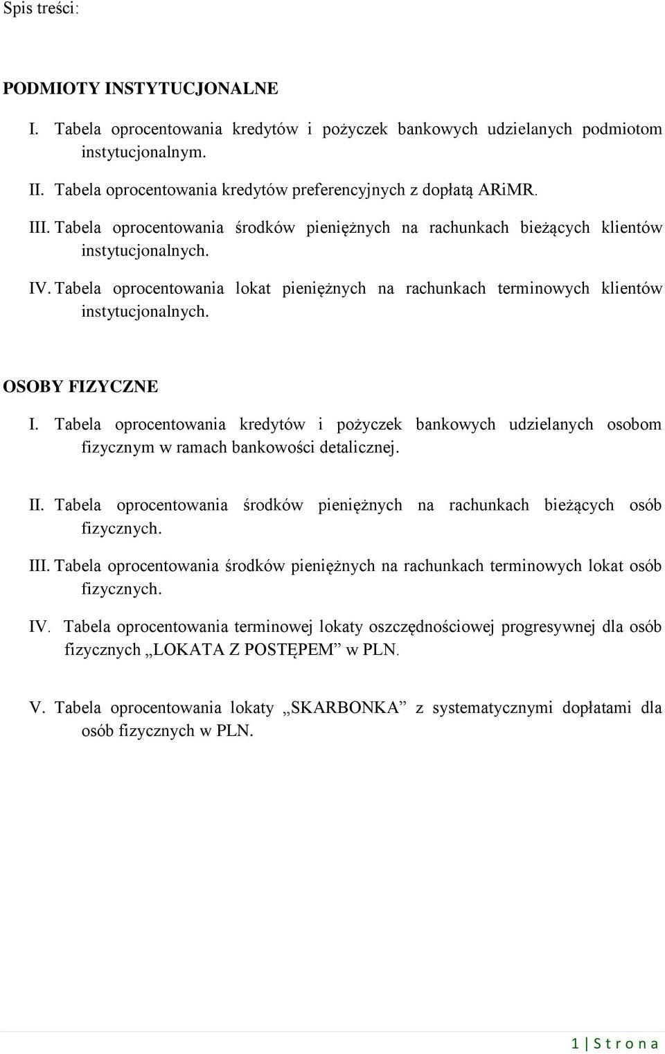 OSOBY FIZYCZNE I. Tabela oprocentowania kredytów i pożyczek bankowych udzielanych osobom fizycznym w ramach bankowości detalicznej. II.