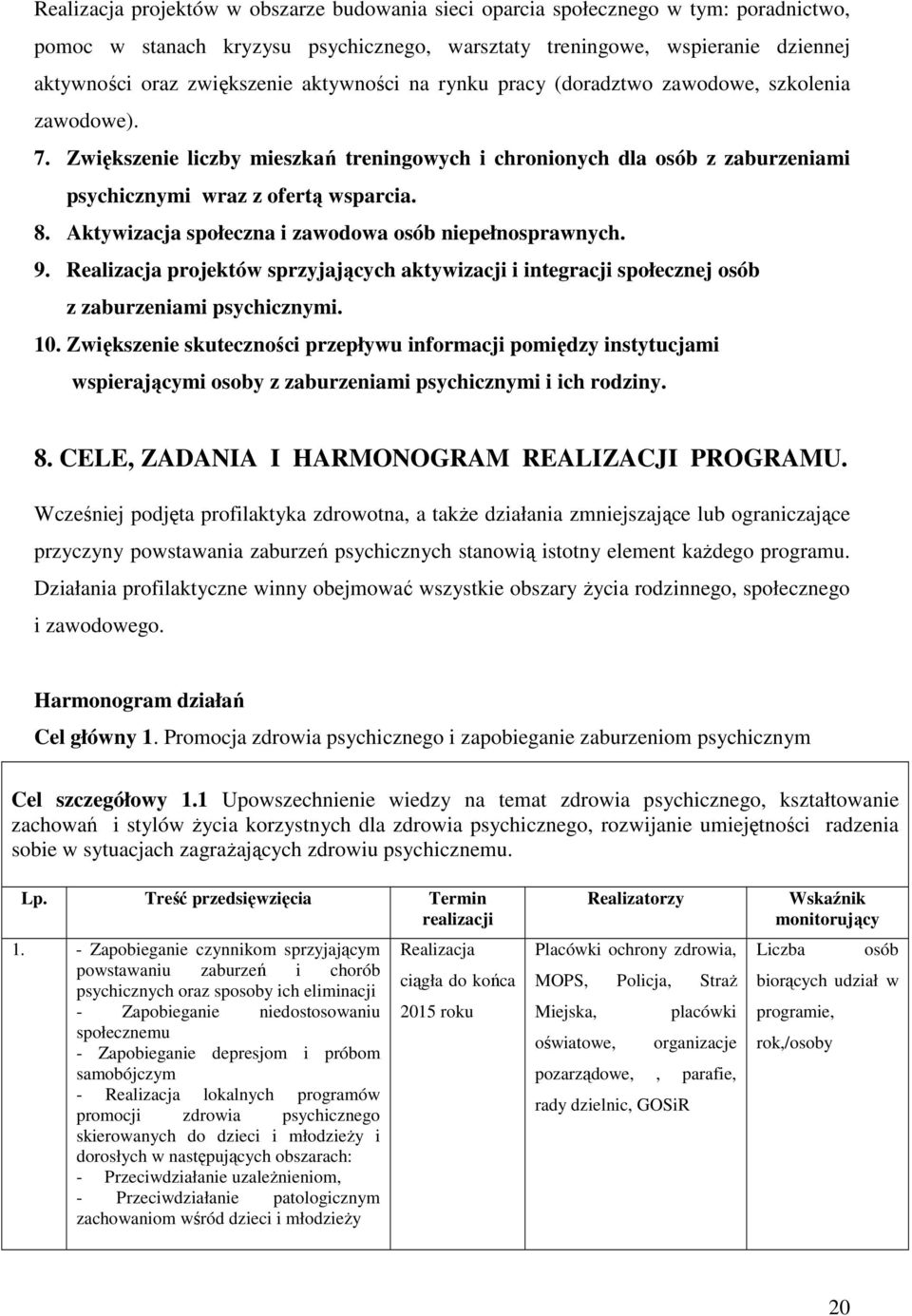 Aktywizacja społeczna i zawodowa osób niepełnosprawnych. 9. Realizacja projektów sprzyjających aktywizacji i integracji społecznej osób z zaburzeniami psychicznymi. 10.