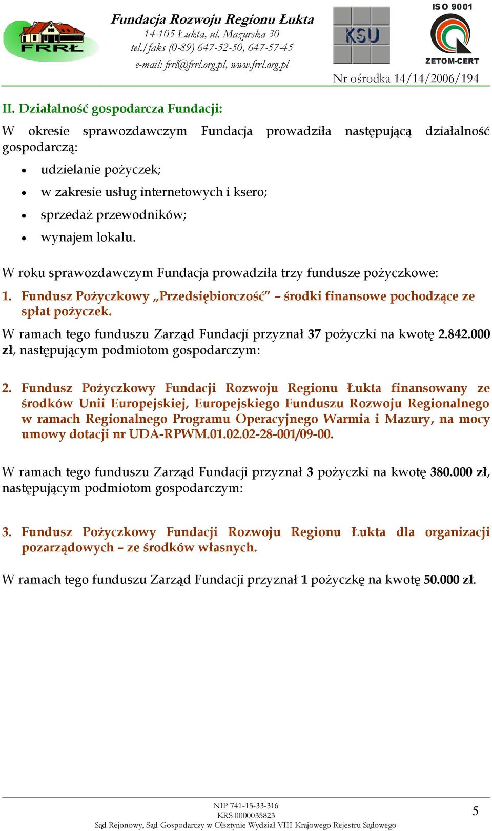 W ramach tego funduszu Zarząd Fundacji przyznał 37 pożyczki na kwotę 2.842.000 zł, następującym podmiotom gospodarczym: 2.