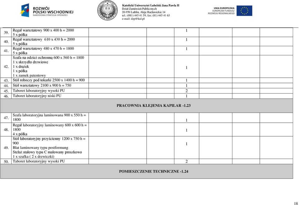 Stół warsztatowy 00 x h = 750 45. Taboret laboratoryjny wysoki PU 46. Taboret laboratoryjny niski PU PRACOWNIA KLEJENIA KAPILAR -.3 47.