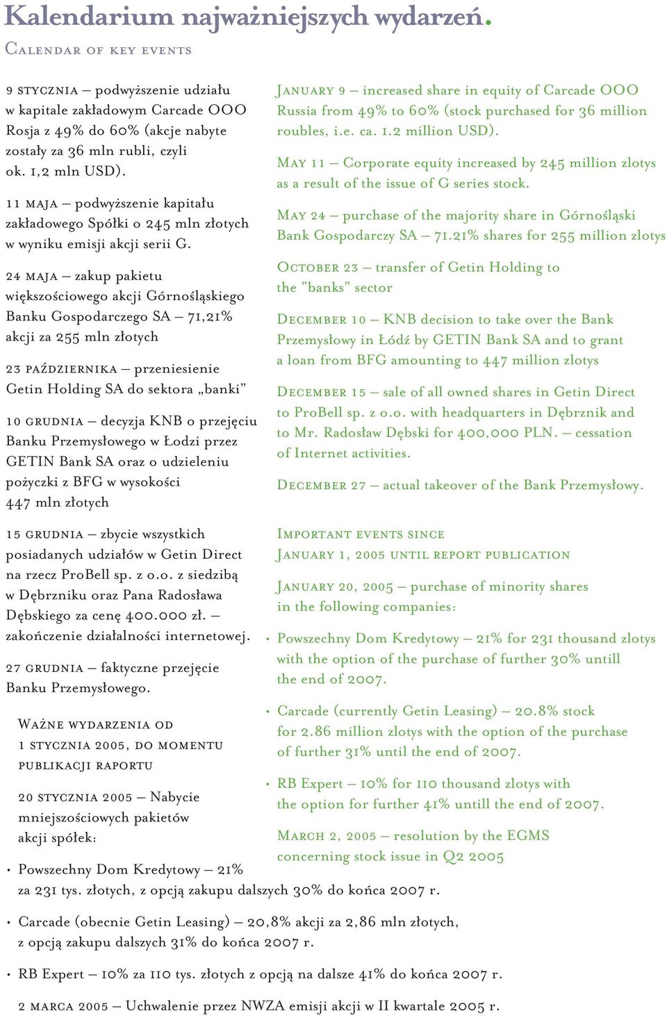 24 maja zakup pakietu wi kszoêciowego akcji GórnoÊlàskiego Banku Gospodarczego SA 71,21% akcji za 255 mln z otych 23 paêdziernika przeniesienie Getin Holding SA do sektora banki 10 grudnia decyzja