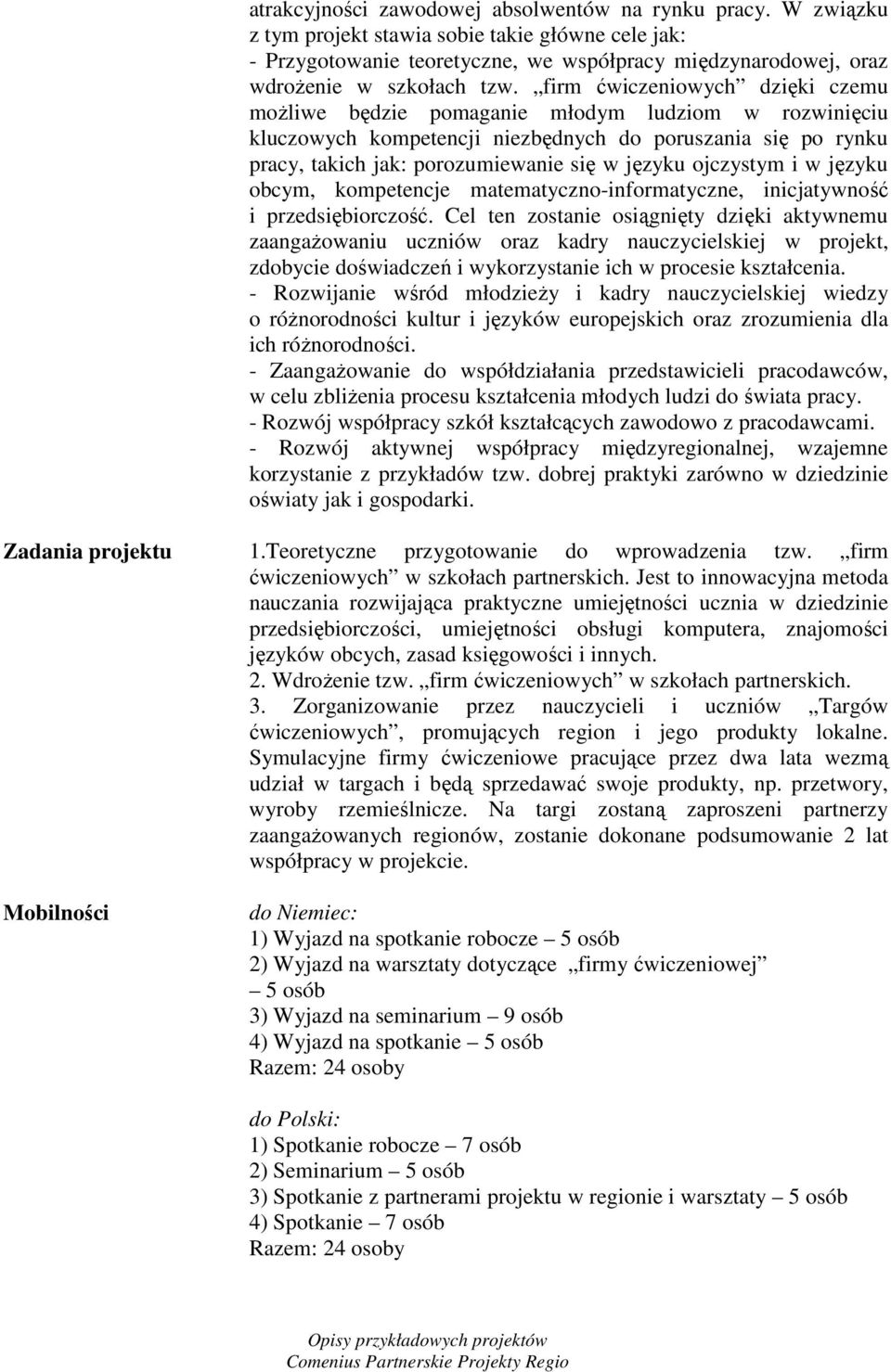 firm ćwiczeniowych dzięki czemu moŝliwe będzie pomaganie młodym ludziom w rozwinięciu kluczowych kompetencji niezbędnych do poruszania się po rynku pracy, takich jak: porozumiewanie się w języku