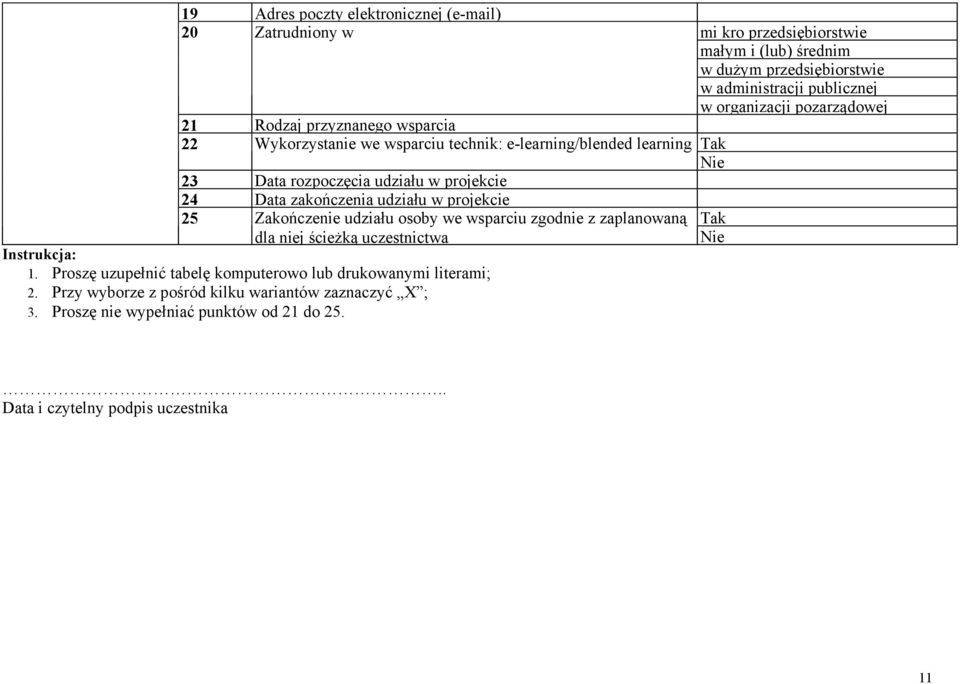 Instrukcja: 1. Proszę uzupełnić tabelę komputerowo lub drukowanymi literami; 2. Przy wyborze z pośród kilku wariantów zaznaczyć X ; 3.