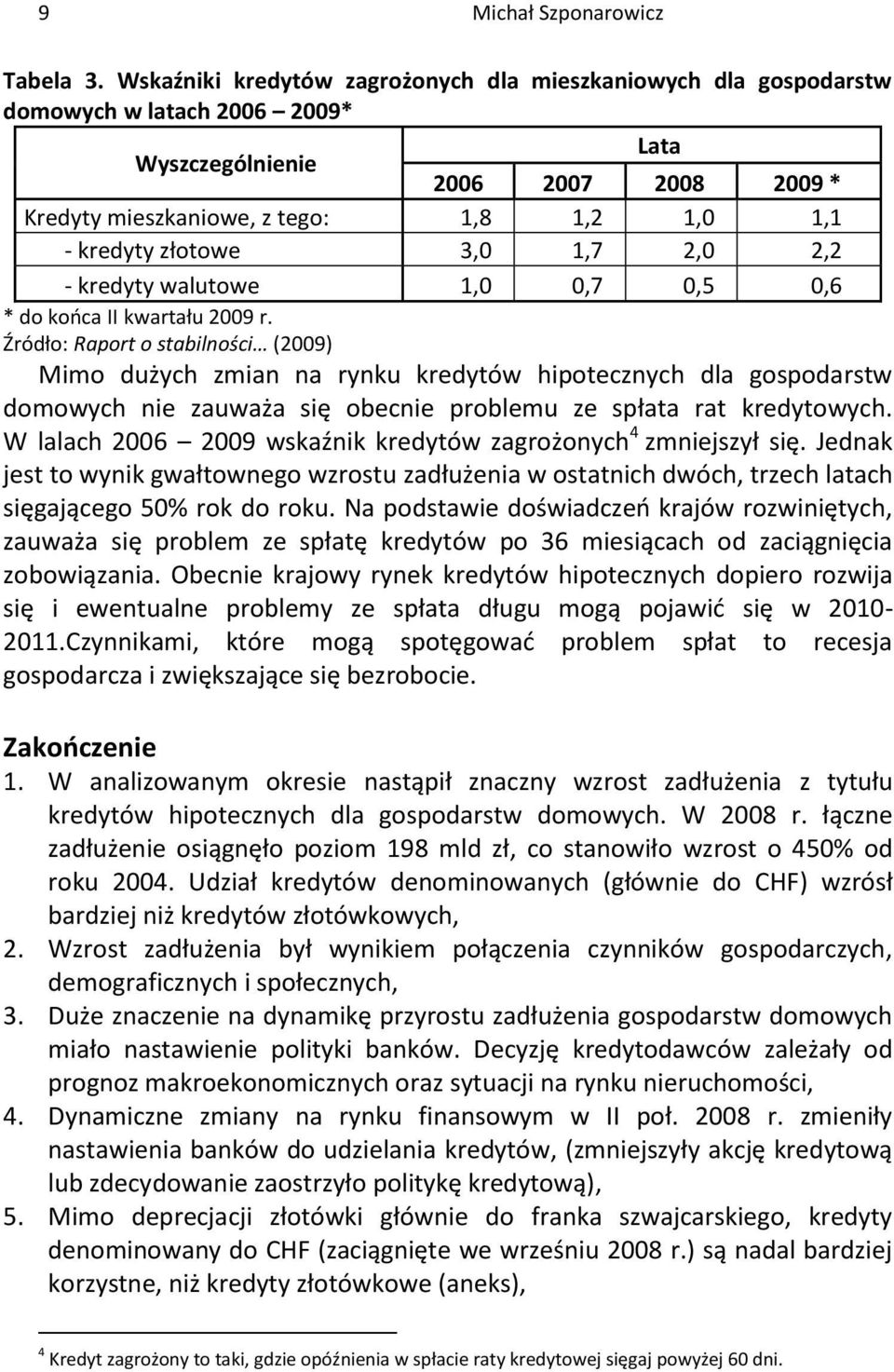 złotowe 3,0 1,7 2,0 2,2 - kredyty walutowe 1,0 0,7 0,5 0,6 * do kooca II kwartału 2009 r.