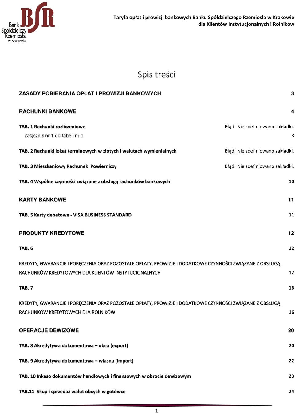 5 Karty debetowe - VISA BUSINESS STANDARD 11 PRODUKTY KREDYTOWE 12 TAB.